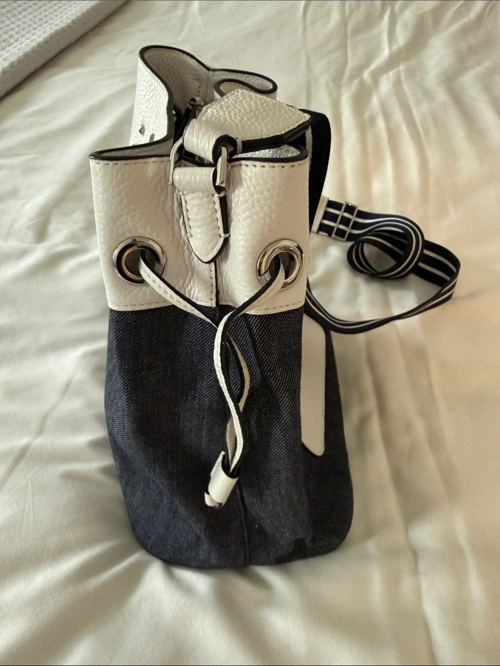 kate spade Two-Tone Blue Denim and White Leather Bucket Bag